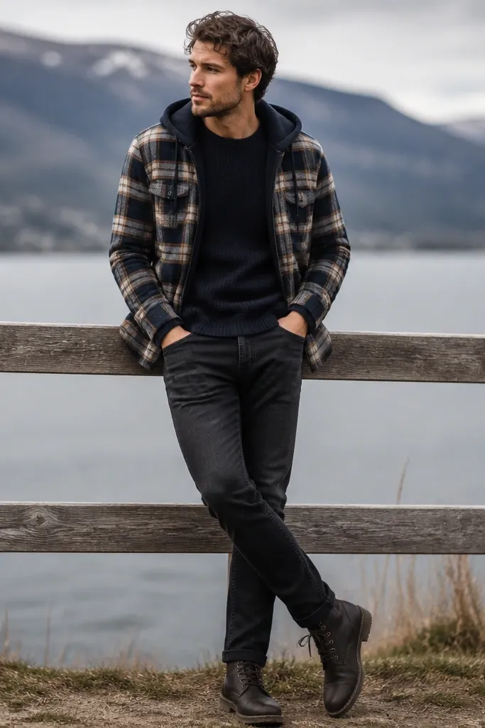 A layered photo: a navy knit sweater is worn with a hooded flannel overshirt layered on top. The flannel is open and the hood sits behind the neck. Black jeans and dark boots complete the look.