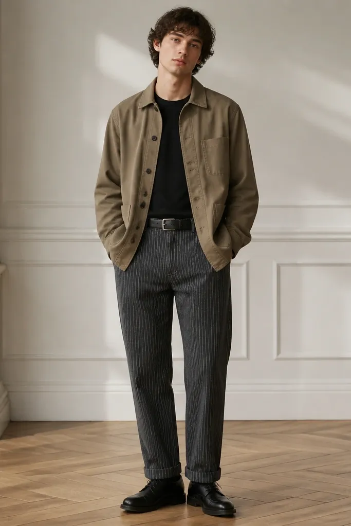 A full outfit photo: a khaki chore jacket is worn over a black tee. The pants are faded black-and-gray striped trousers. The shoes are black leather lace-ups and there is a simple belt.