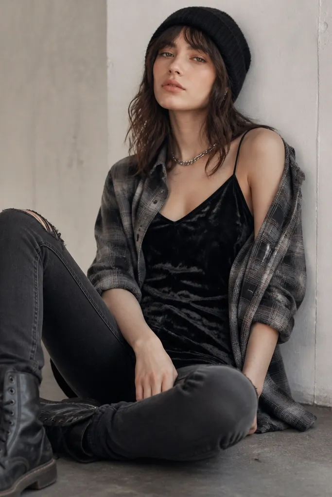 A slightly oversized gray flannel shirt worn open over a black crushed velvet slip dress. The slip has thin straps and a subtle sheen that catches light. The bottom is styled with worn black skinny jeans and scuffed black combat boots. A black beanie sits low, and a silver chain peeks at the neckline; the shirt sleeves are rolled to mid-forearm with one button left undone.
