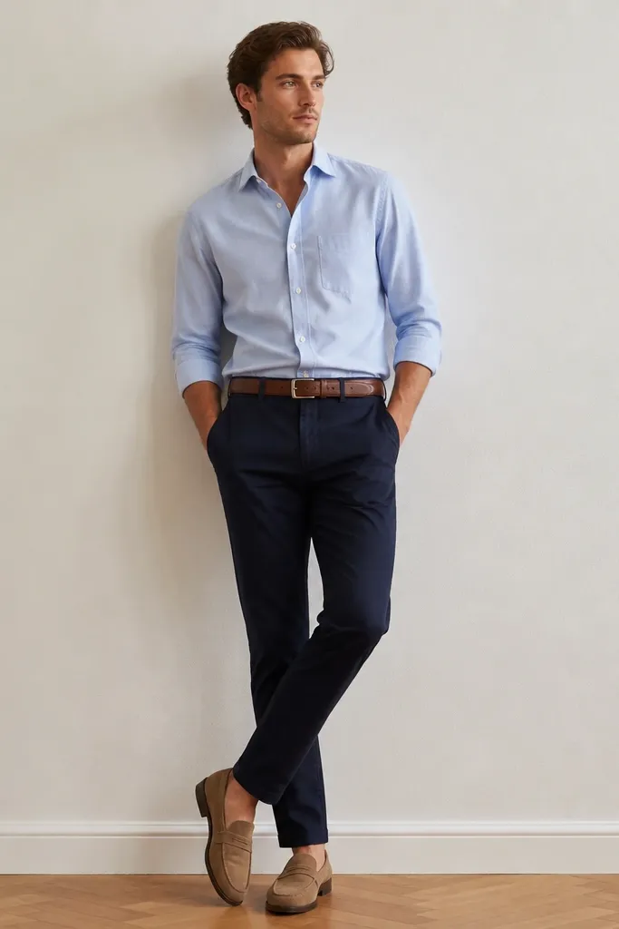 A light blue poplin button-down tucked into dark navy slim chinos, with a brown leather belt and a pair of tan suede loafers. The sleeves are rolled to the forearm, and the outfit is photographed against a plain wall with a clean, minimal background.