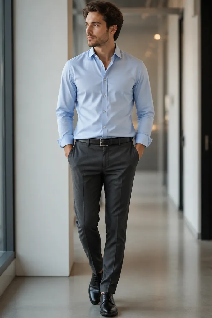 A light blue button-down worn with charcoal wool-blend trousers, worn with the shirt slightly untucked at the front but controlled at the waist. The person wears black oxford shoes and a medium-width black belt; the background is an indoor office corridor.