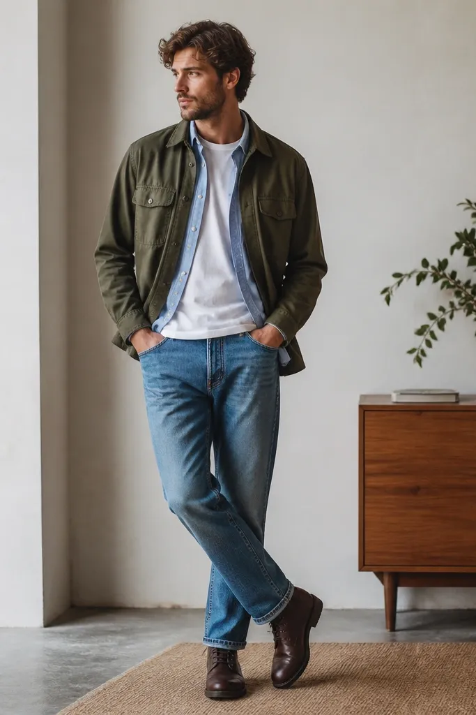 A light blue shirt layered over a plain white tee, with an olive overshirt worn open. The pants are medium-wash denim and the shoes are dark brown boots.