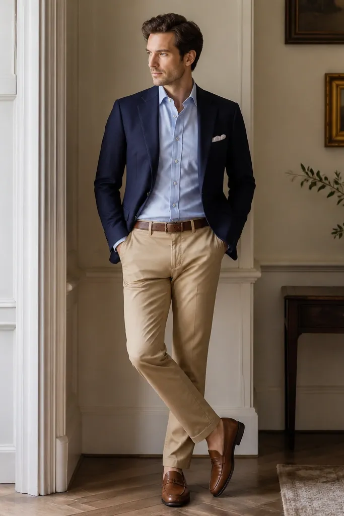 A navy blazer worn over a light blue dress shirt, with khaki chinos and brown loafers. The shirt is fully tucked; the blazer sits structured at the shoulders.