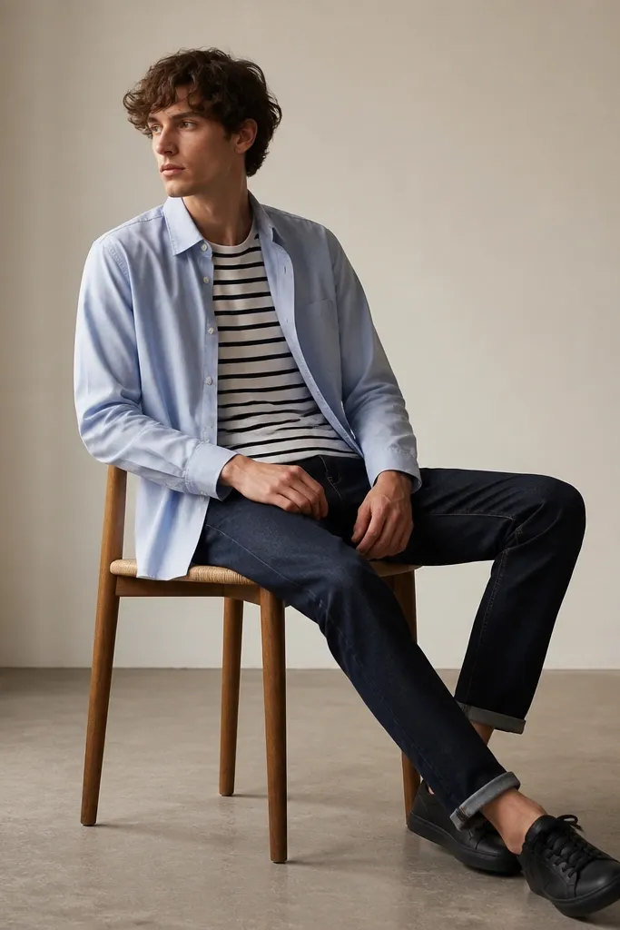 A light blue shirt worn open with a black-and-white striped crewneck tee underneath. The pants are dark wash jeans and the shoes are black sneakers.