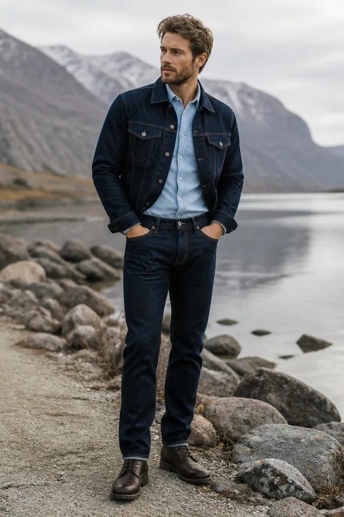 A light blue shirt tucked into dark indigo jeans, with a dark indigo denim jacket worn open. The shoes are dark brown boots; the scene is outdoors in cooler weather.