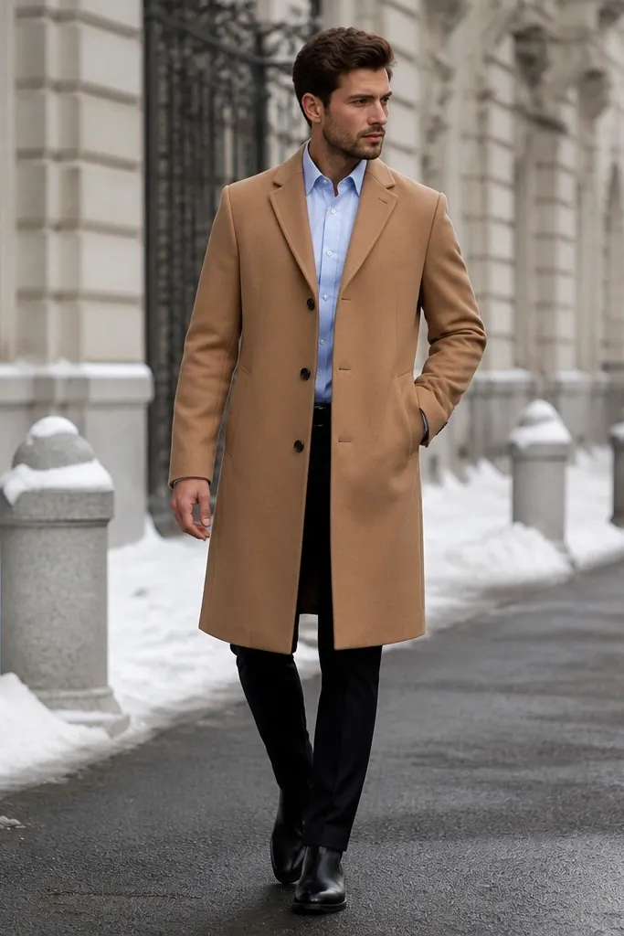 A light blue shirt fully buttoned under a camel overcoat, paired with black trousers and black leather boots. The coat is knee-length, photographed in winter daylight.