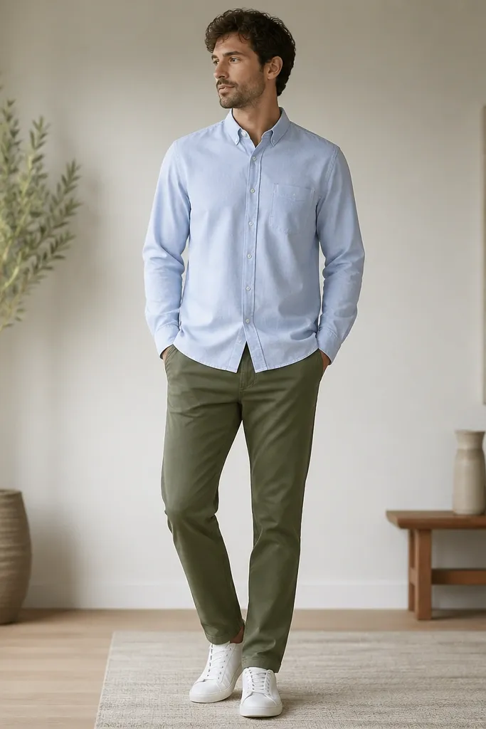A light blue shirt worn untucked with olive trousers and white sneakers. The sleeves are down; the outfit is photographed in a bright room with neutral walls.