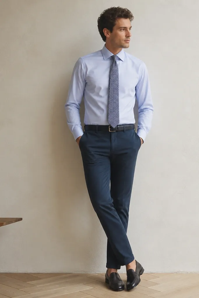 A light blue dress shirt with a small-scale patterned tie (dark navy and white), tucked into navy chinos. The person wears dark leather loafers and a navy belt.