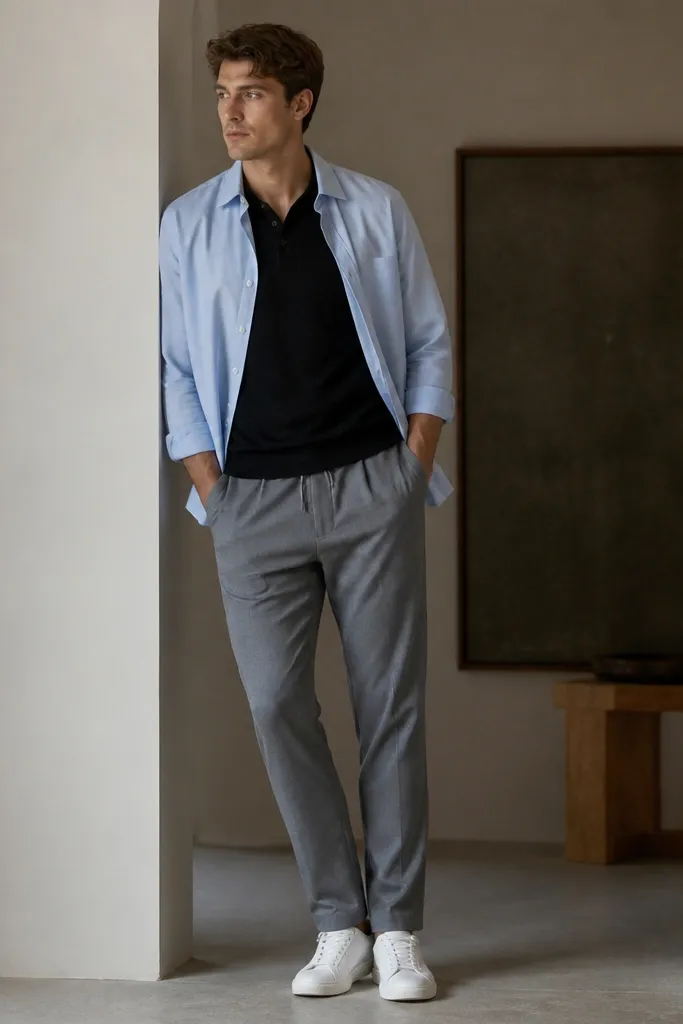 A black knit polo worn under a light blue button-down that is left open. The pants are grey joggers or relaxed trousers, with white sneakers.