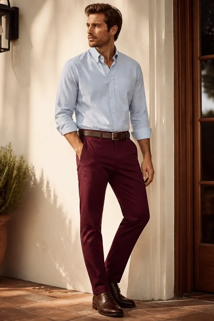 A light blue shirt tucked into burgundy chinos, with a white belt or dark brown belt and dark brown leather shoes. The sleeves are rolled once and the lighting is warm.