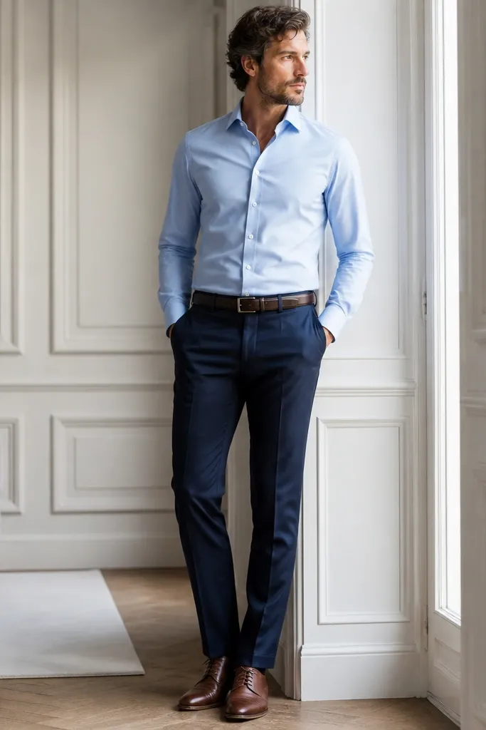 A light blue dress shirt tucked into navy suit trousers, worn without a jacket. The person wears a dark leather belt and brown oxfords; the collar looks crisp.