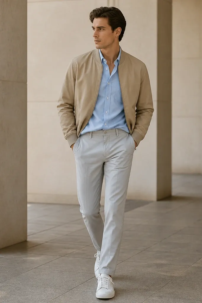 A sand-colored bomber jacket worn over a light blue shirt, with light grey chinos and white sneakers. The shirt is partially tucked; the bomber has ribbed cuffs and collar.