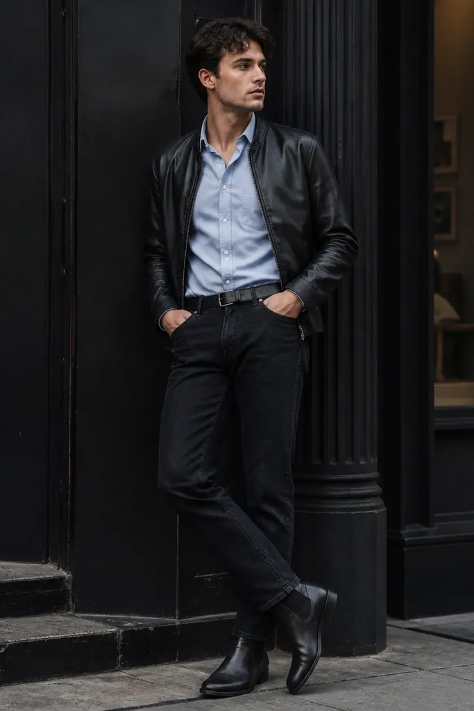 A light blue shirt tucked into dark jeans with a black leather jacket worn open. The shoes are black Chelsea boots; the lighting is moody and urban.