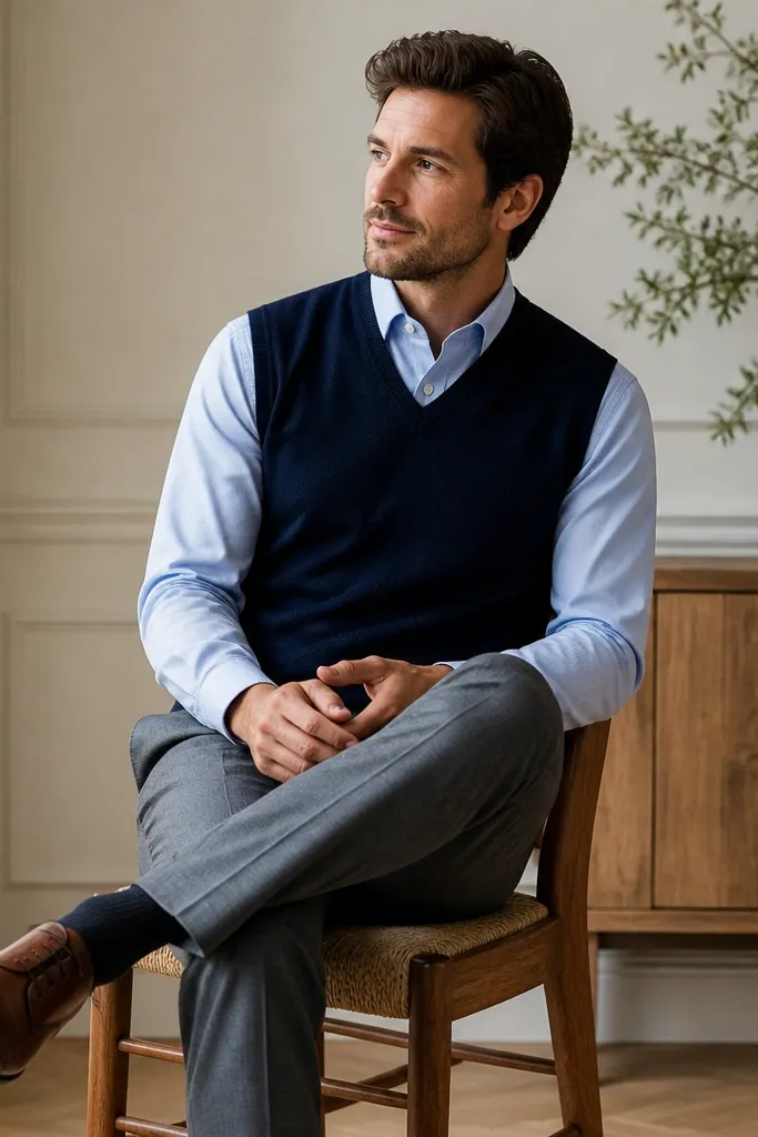 A light blue shirt layered under a navy sweater vest, with grey trousers and brown shoes. The shirt collar peeks out cleanly; the vest is fitted.