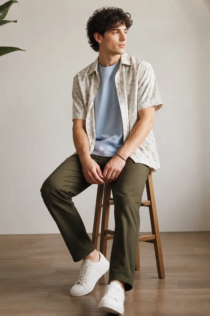 A light blue shirt worn as a base with a short-sleeve patterned overshirt open on top. The pants are dark olive and the shoes are white sneakers.