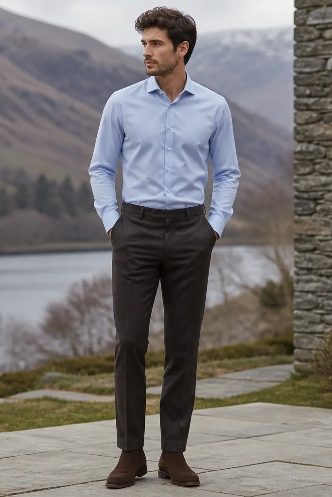 A light blue shirt tucked into dark brown or charcoal trousers, paired with brown suede ankle boots. The shirt has sleeves down and a clean collar; the background is outdoors in cool weather.