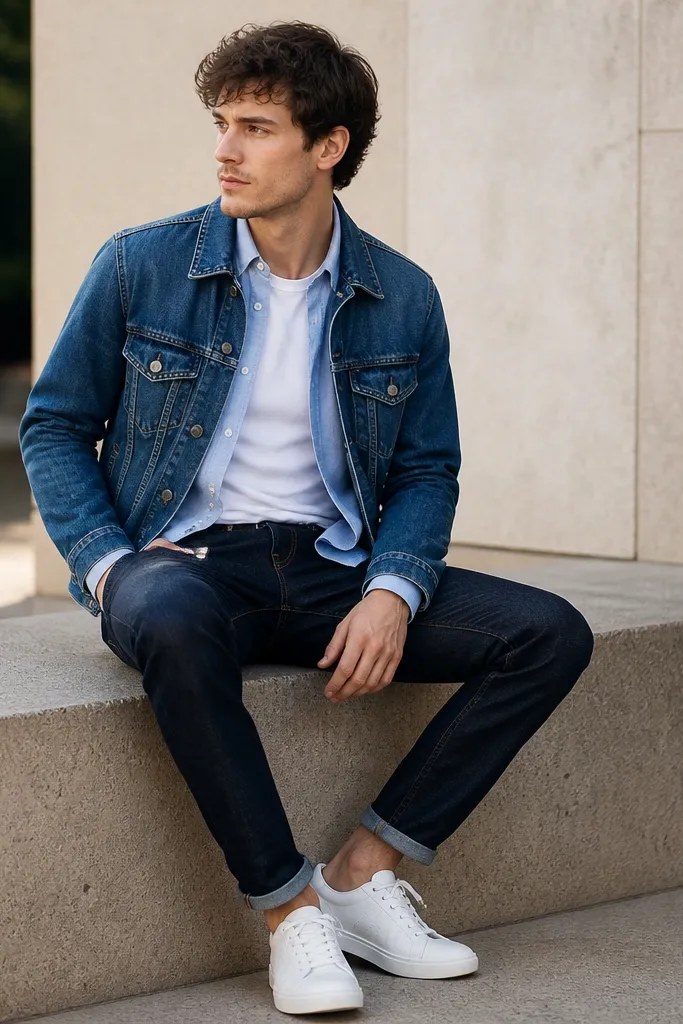 A light blue shirt worn half-buttoned over a white tee, with a medium-wash denim jacket. The pants are dark jeans and the shoes are white sneakers.