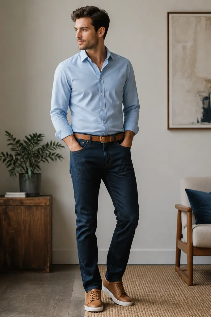 A light blue shirt tucked into navy denim trousers, with a tan belt and tan leather sneakers. The shirt sleeves are rolled once; the outfit is photographed in a casual indoor setting.