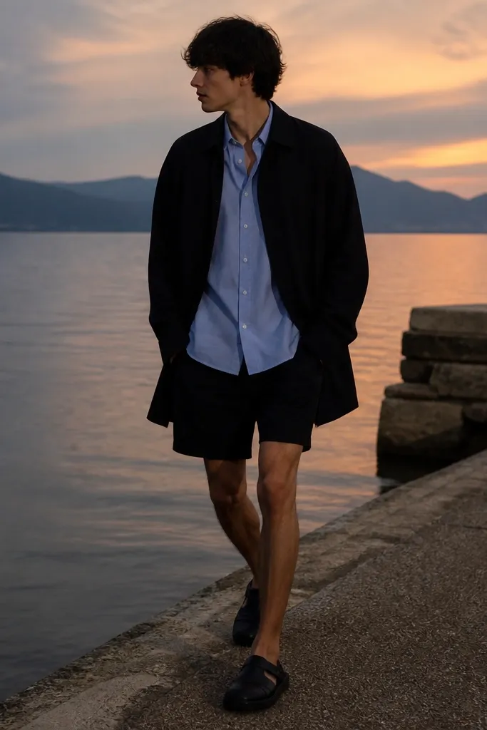 A light blue shirt worn under a longline black overshirt, with black shorts and black sandals or sneakers. The lighting is evening and the outfit looks sleek.