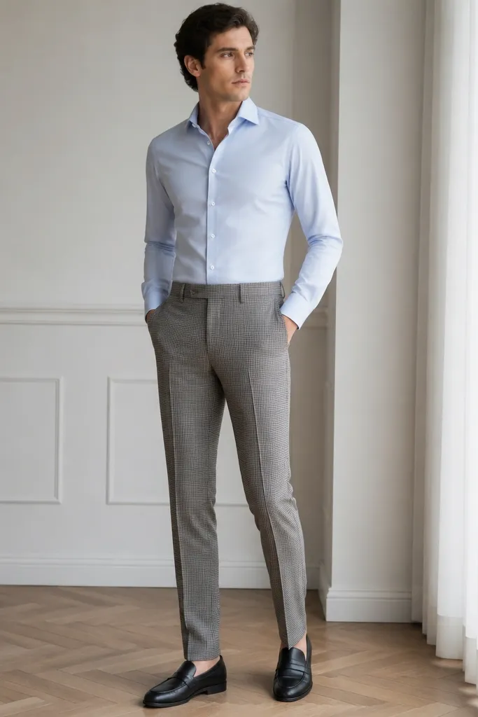 A light blue shirt fully tucked into muted patterned trousers (small checks or subtle geo), with black loafers. The shirt is plain and the trousers are the focus; the photo is sharp and bright.
