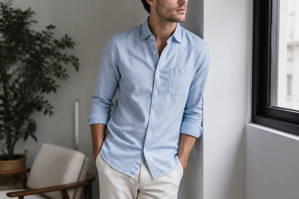 Small space light blue shirt outfit men styling