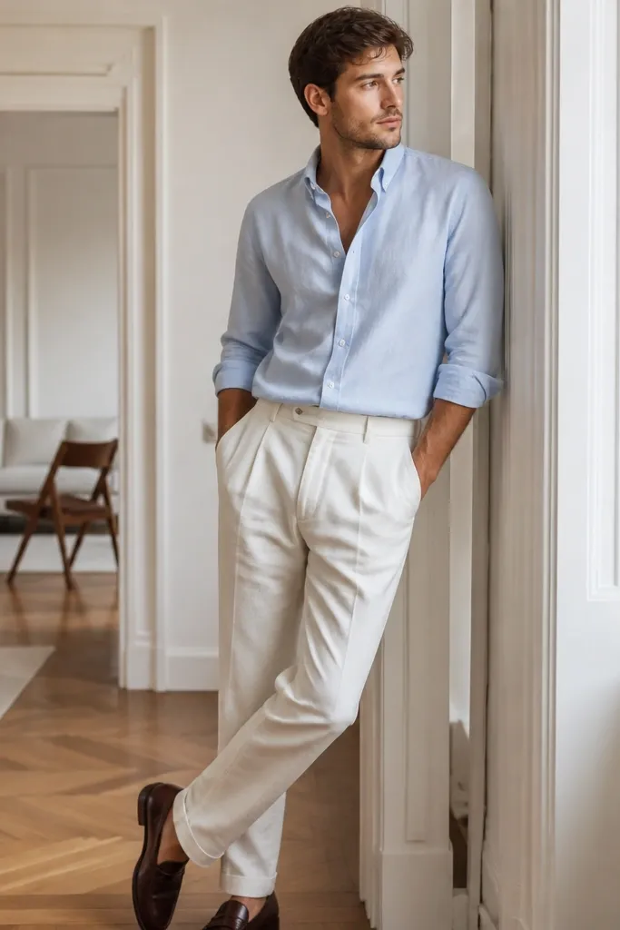 Small space light blue shirt outfit men styling