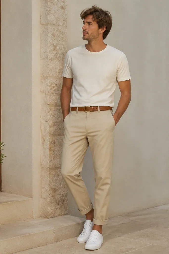A man wearing light beige chinos paired with a cream crew-neck T-shirt. He has clean white low-top sneakers and a tan leather belt with a simple gold buckle. The outfit looks casual and airy, with the pants cuffed slightly at the ankle.