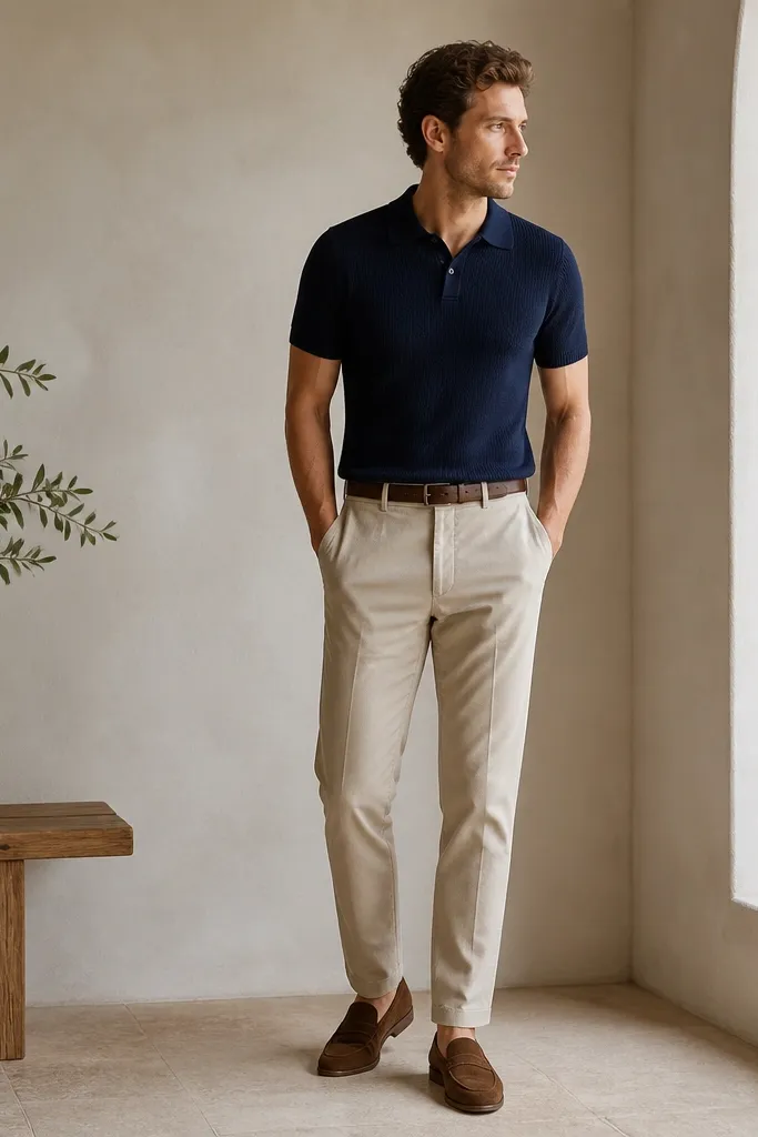 A man in beige pants wearing a navy ribbed knit polo. He has brown suede loafers and a medium-brown belt. The polo collar sits flat and the sleeves end cleanly at the upper arm.