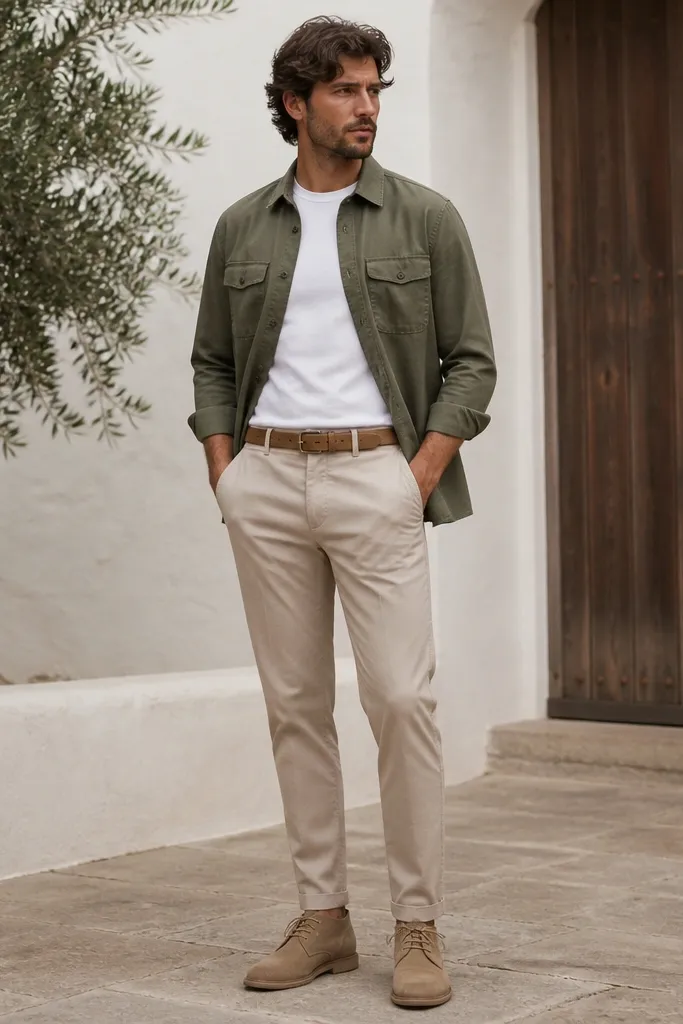 Beige pants with a plain white T-shirt under an olive overshirt. The man wears tan suede chukka boots and a tan belt. The overshirt is open at the front with two chest pockets visible.