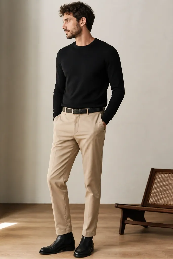 A man wearing beige pants with a black crewneck sweater. He has black Chelsea boots and a black belt. The sweater sits slightly snug at the waist with no bunching at the hem.