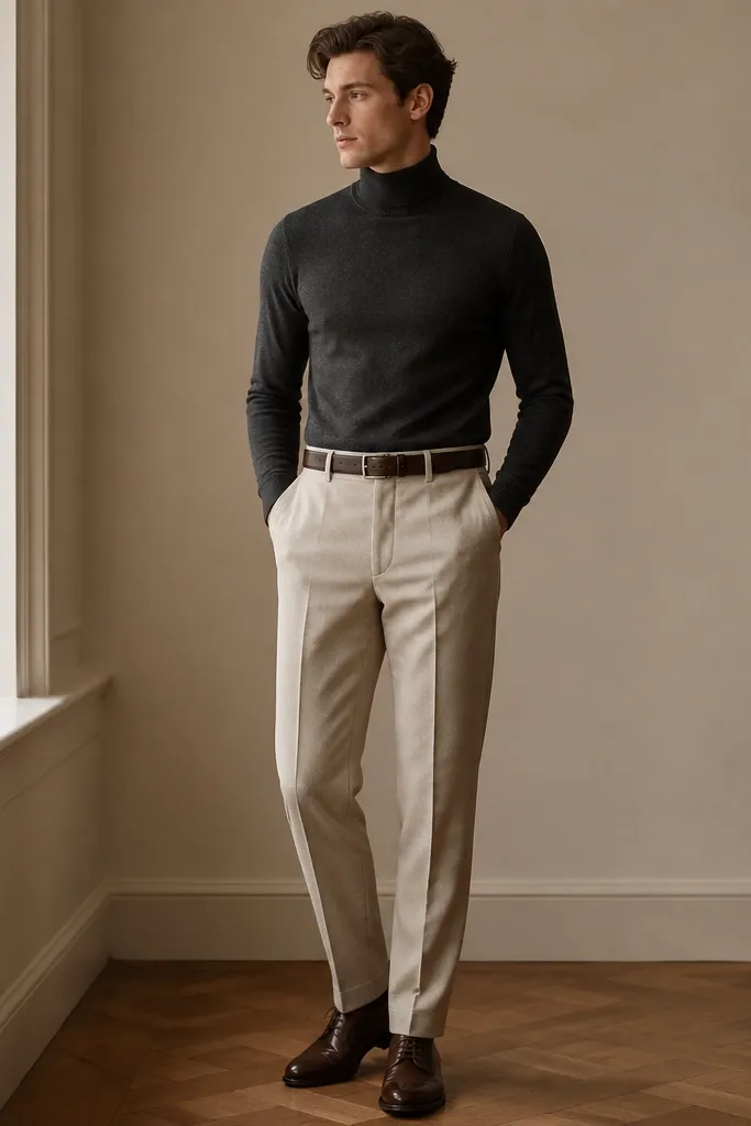 Oat beige wool pants paired with a charcoal turtleneck. The man wears dark brown leather shoes (derby or oxford style) and a matching belt. The turtleneck fits close to the neck with a smooth knit texture.