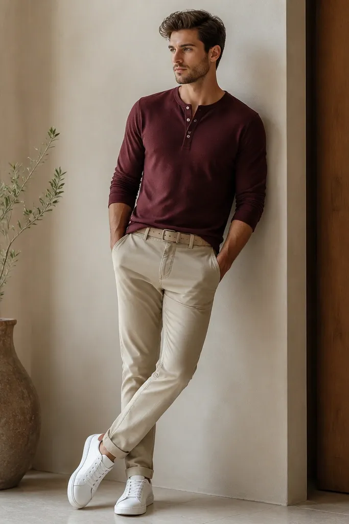 Beige pants with a burgundy long-sleeve henley shirt. Buttons show at the center placket, and sleeves are slightly pushed up. The man wears white low-top sneakers and a light tan belt.