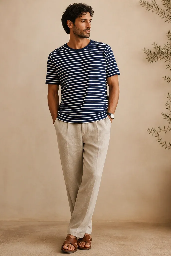 Beige linen-blend pants worn with a navy-and-white striped crew tee. The man has tan leather sandals and a simple watch. The pants have a relaxed drape and a slightly wrinkled texture.