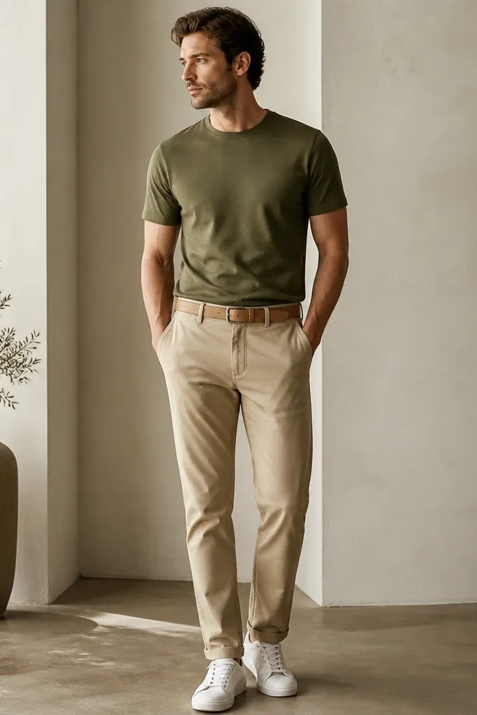 Beige pants paired with an olive crew-neck t-shirt. The man wears white sneakers and a tan belt. The t-shirt has a slightly thicker fabric and sits smoothly against the torso.