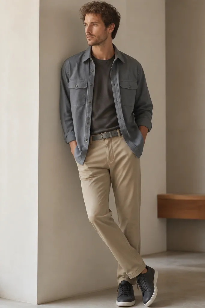 Beige pants with a slate gray overshirt worn open over a dark gray tee. The man wears dark sneakers and a grayish belt. The overshirt has a structured collar and two chest pockets.