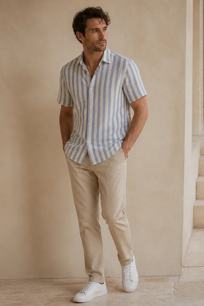 Beige pants with a short-sleeve button-up shirt featuring vertical stripes in light blue and cream. The man wears white sneakers and keeps the shirt untucked with the hem reaching past the belt. The collar is open one button.