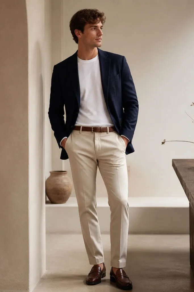 Beige pants worn with a navy blazer over a plain white crew-neck tee. The man wears brown leather loafers and a tan belt. The blazer is unbuttoned, and the sleeves sit at the wrist with a slight break at the cuff.