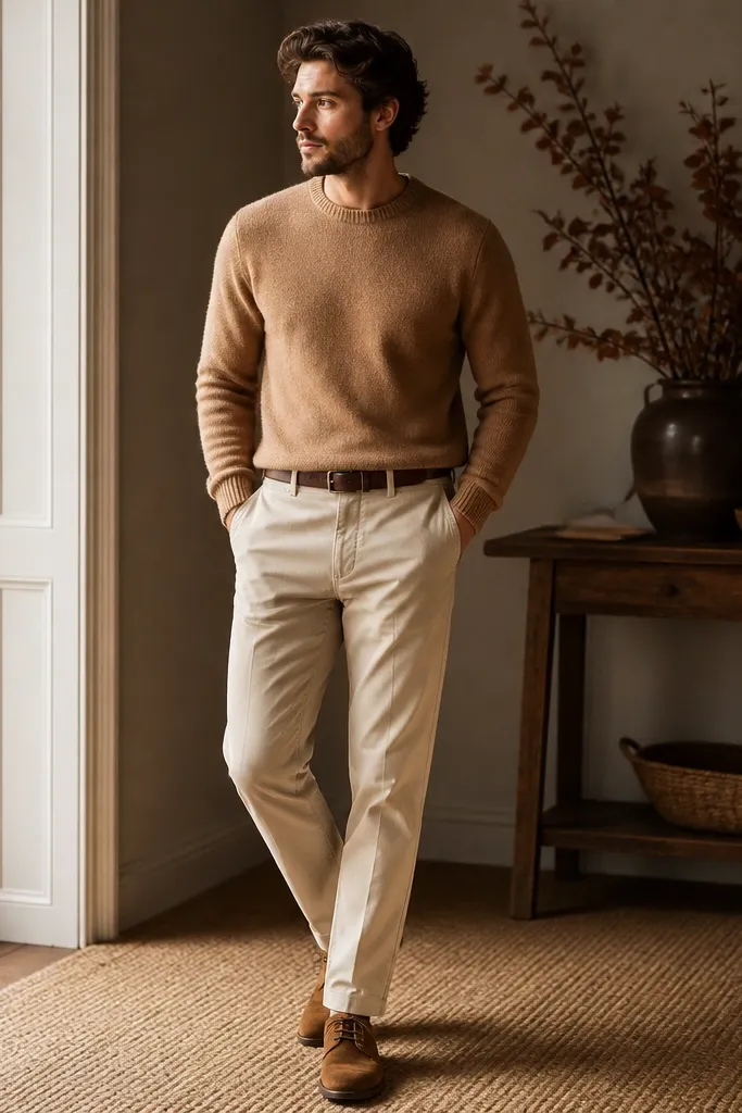 Beige pants paired with a camel-colored knit crewneck sweater. The man wears brown suede derbies and a brown belt. The sweater has a soft texture and the outfit looks warm and autumn-ready.