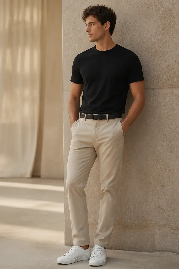 Beige pants with a plain black crew-neck t-shirt. The man wears clean white leather sneakers and a black belt. The t-shirt has a thick cotton look and sits smoothly without clinging.