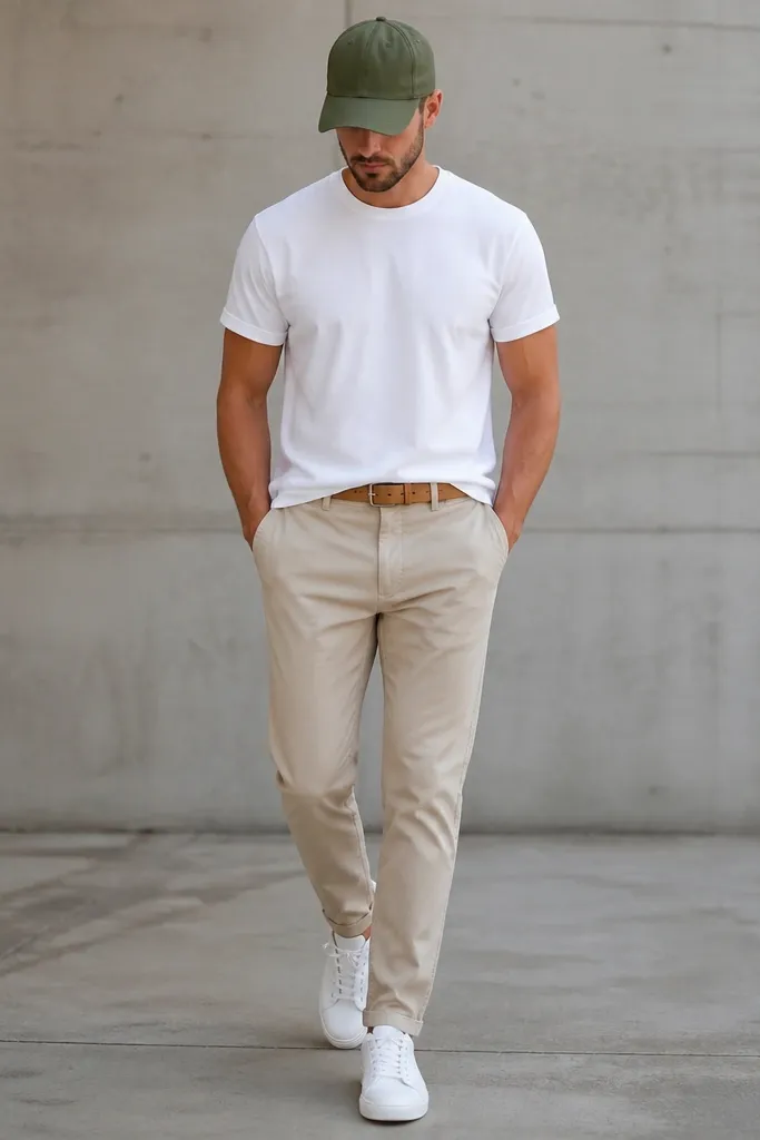 Beige pants with a white crew-neck tee and a casual olive baseball cap. The man wears white sneakers and a tan belt. The outfit looks clean and street-ready, with the cap placed low on the forehead.