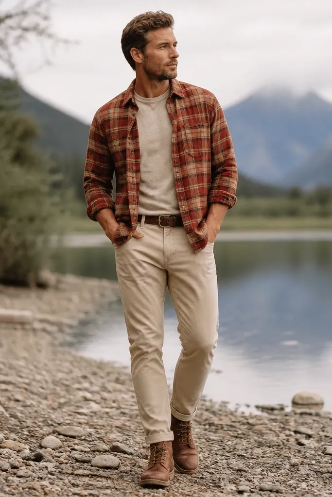 Beige pants paired with a warm red and tan flannel button-up. The man wears brown leather boots and a brown belt. The flannel is slightly open with the tee underneath, and sleeves are rolled once.