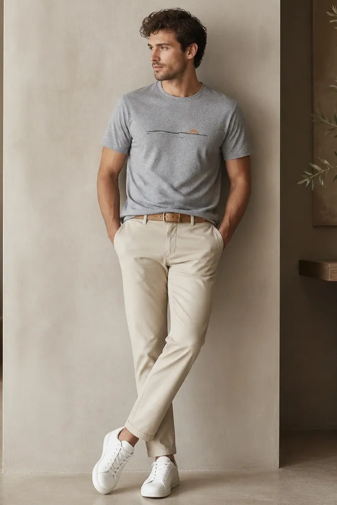 Beige pants with a heather gray T-shirt that has a small, muted graphic on the chest. The man wears white sneakers and a tan belt. The tee is tucked neatly at the front and the pants have a clean hem.