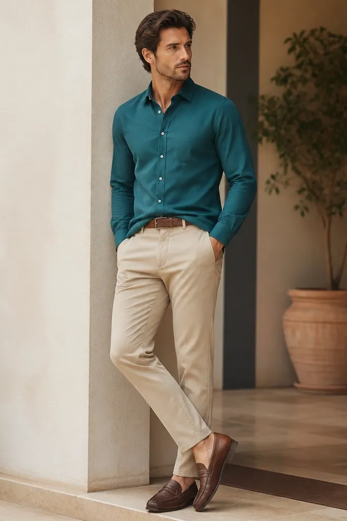 Beige pants with a teal button-down shirt worn tucked in at the front. The man wears brown loafers and a matching brown belt. The shirt collar is crisp and the sleeves sit at the wrist.