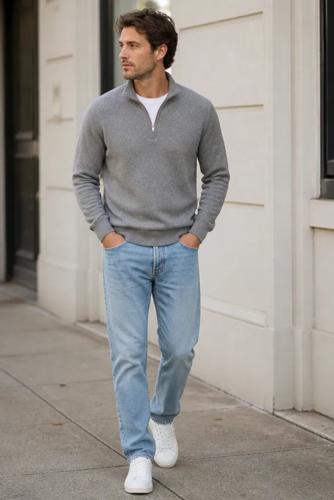 A man wearing a medium heather grey quarter zip over a plain white crew tee, paired with light-wash straight-leg jeans and crisp white leather sneakers. The zip is half-open, showing the tee neckline. Background looks like a simple street sidewalk.