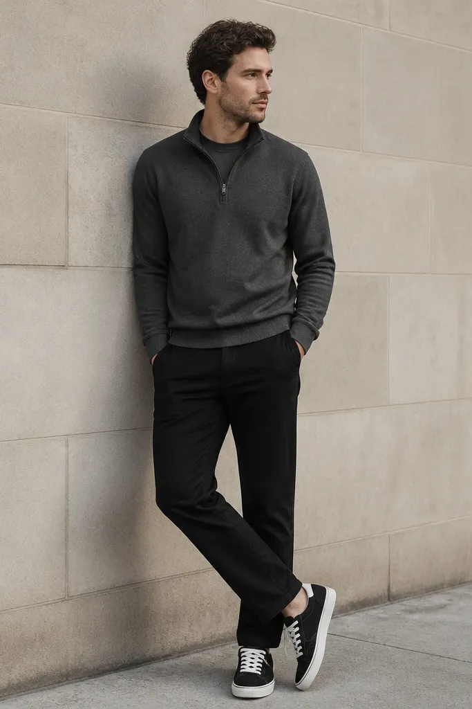 A charcoal grey quarter zip worn over a dark grey tee, with black slim-straight chinos. The shoes are black-and-white trainers with a low profile. The look is photographed in front of a building wall.