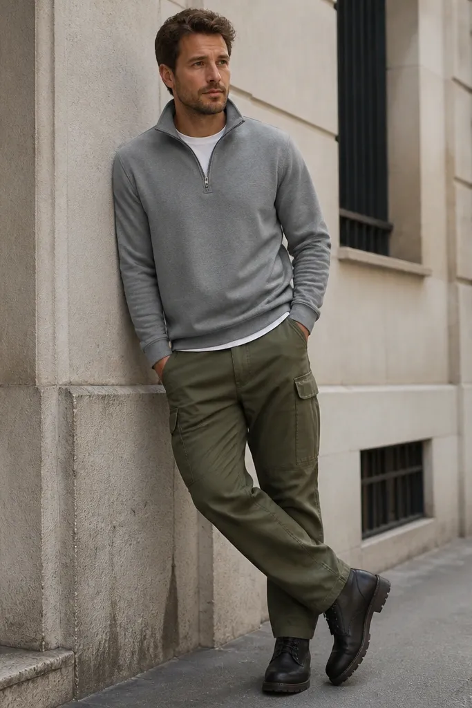 A grey quarter zip layered over a plain white tee, paired with olive cargo pants. The man wears black leather boots with a rugged sole. The shot looks like a casual street scene.