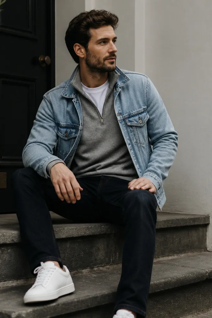 A medium grey quarter zip worn over a white crew tee. A light blue denim jacket is layered on top, sleeves unbuttoned. The man wears white sneakers and dark jeans.