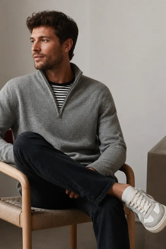 A grey quarter zip worn over a black-and-white striped crew tee. The man pairs it with dark jeans and simple low-profile sneakers in off-white and grey.