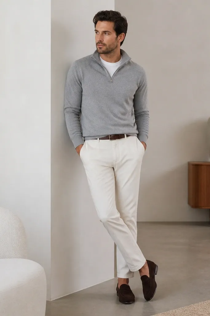 A man wearing a grey quarter zip over a white tee with white trousers. He wears dark brown loafers and a brown belt. The photo is taken in a clean indoor setting.