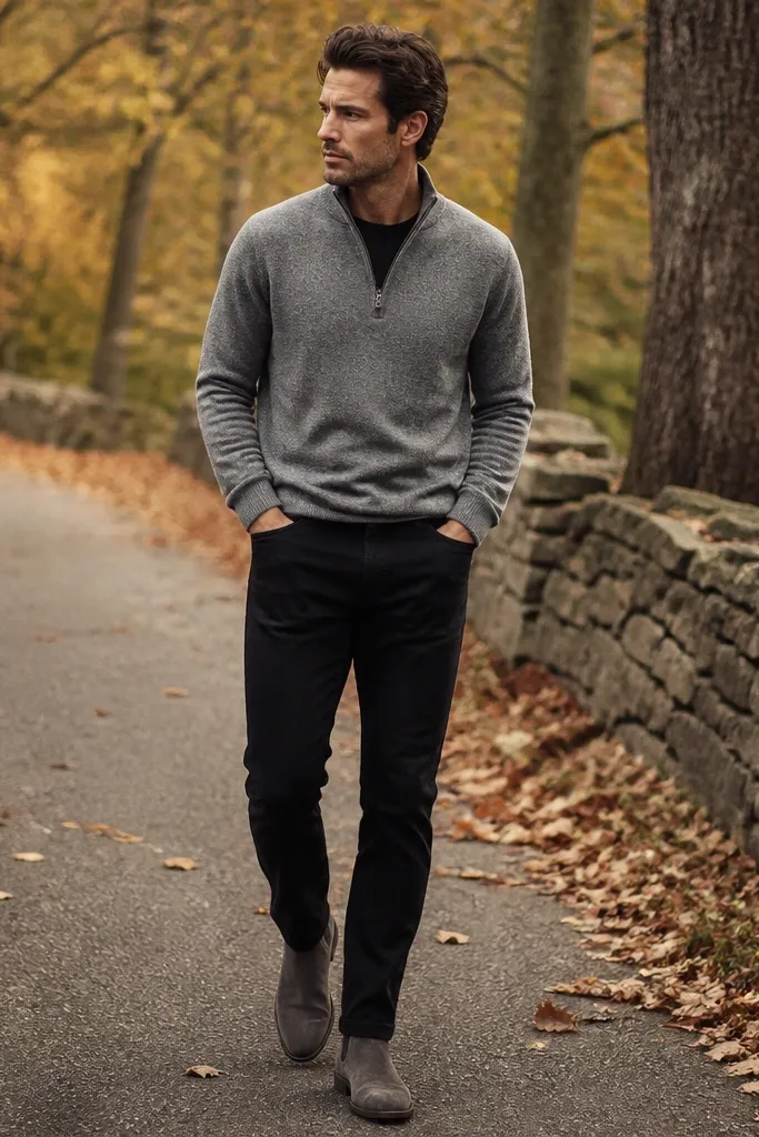 A man wearing a grey quarter zip over a black tee with black straight jeans. He wears grey suede Chelsea boots and the look is photographed in a fall setting.